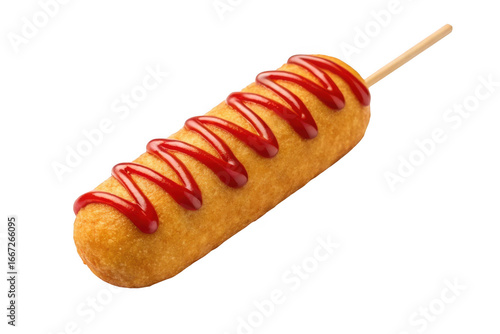 Golden corn dog with red ketchup drizzle isolated on transparent background