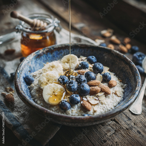 Oatmeal with banana blueberries almonds and honey