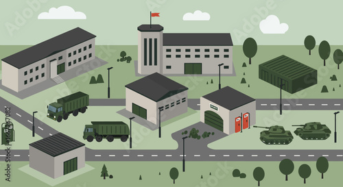 Vector Military Base Buildings and Vehicles Infographic Elements for City Illustration