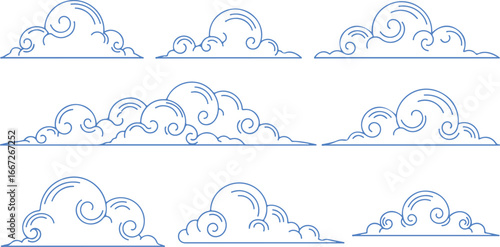 Collection of stylized cloud formations hand-drawn in a sketch style with blue and gray hues