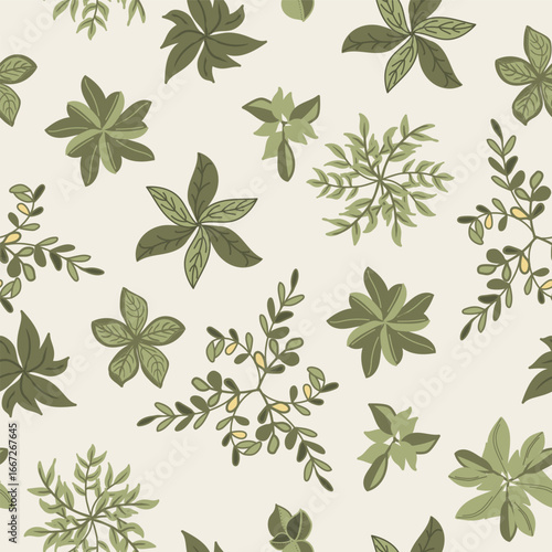 Spring Green Fantasy Woodland Leaves on a Pastel Mint Green Background creating a seamless pattern print
