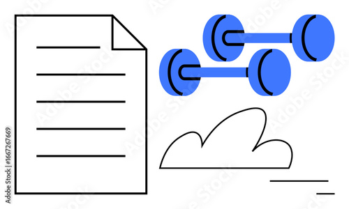 Document with lines, two blue dumbbells, a cloud form, and subtle lines. Ideal for fitness, health, planning, scheduling, goal-setting productivity wellness and simple landing page