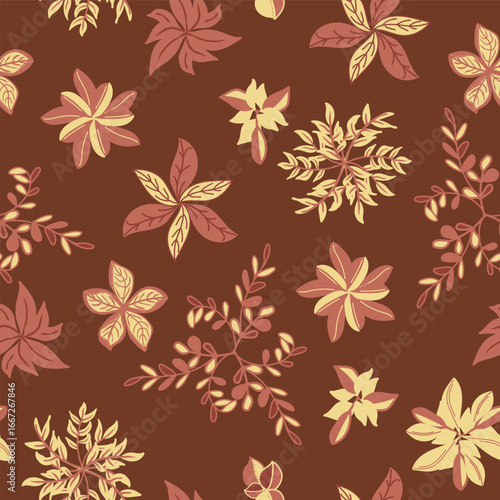 Colorful Autumn Fantasy Woodland Leaves on a Dark Coffee Brown Background creating a seamless pattern print