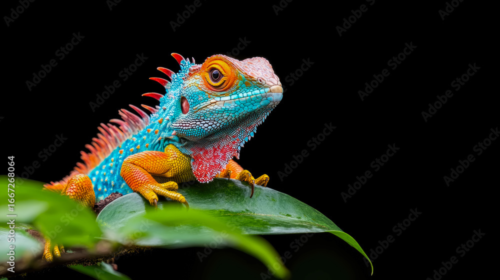 Fototapeta premium Vibrant Exotic Dragon-like Lizard with Bright Blue, Orange, Red Scales and Spikes Perched on Green Leaf Against Pure Black Background