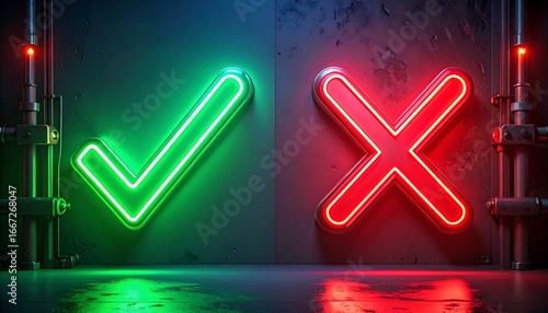 Neon check and cross signs on a concrete wall
