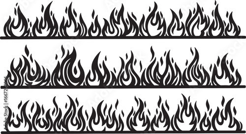 Tribal flame border designs black silhouette set of three decorative fire lines