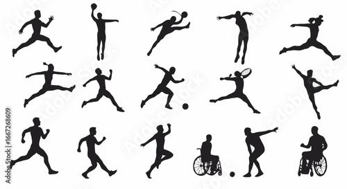 Collection of diverse sports silhouettes featuring athletes and wheelchair users