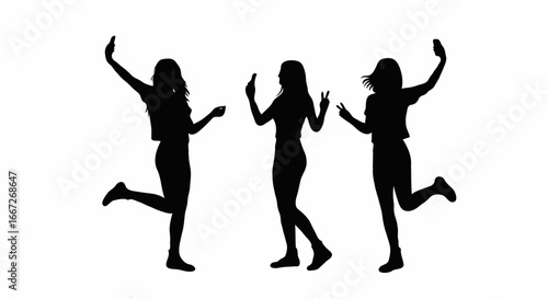 Three young women taking selfies and making peace signs