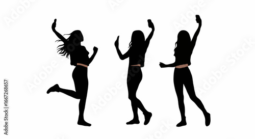 Three silhouettes of women dancing and holding phones