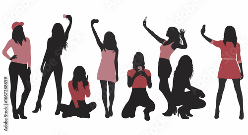 Group of diverse women silhouettes taking selfies and posing