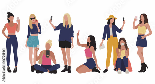 Diverse group of women taking selfies and using smartphones