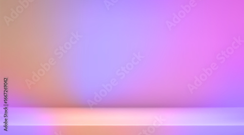 Purple orange gradient studio room. Limbo light background. Abstract 3d violet backdrop product presentation. Minimal autumn wall scene. Showcase promotion display. Vector stage mockup illustration