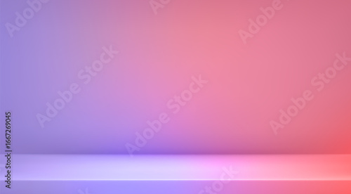 Purple orange gradient studio room. Limbo light background. Abstract 3d violet backdrop product presentation. Minimal autumn wall scene. Showcase promotion display. Vector stage mockup illustration