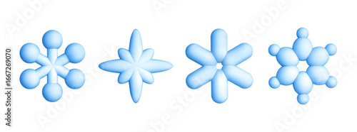 3d blue snowflake icon set. Frozen star, ice crystal, winter decoration element. Abstract shape star, snowflake, firework, flower. Cartoon vector kid 3d illustration