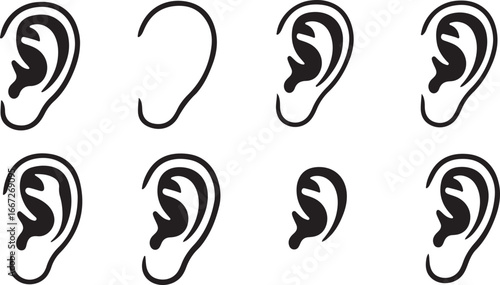 Collection of human ear silhouettes demonstrating diverse shapes and details for medical or artistic use