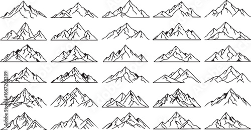 Collection of hand-drawn mountain peaks illustrating diverse rugged landscapes and summits