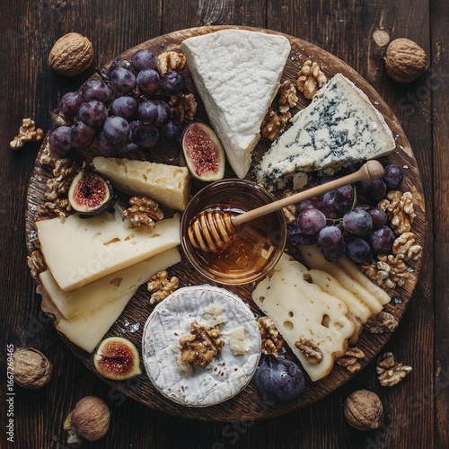 Cheese platter with honey, figs, grapes, and walnuts