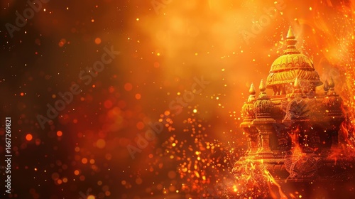 Dussehra holiday, an Indian temple silhouette against a fiery orange background. Sparks and light create a festive atmosphere, horizontal banner, copy space, free space for text