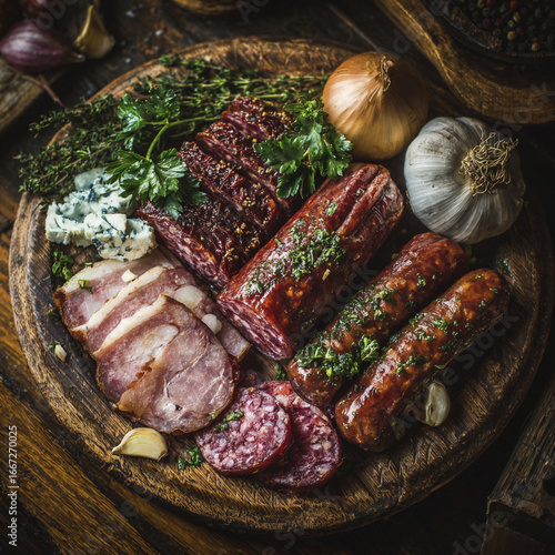 Assorted smoked sausages and meat with garlic and herbs on a wooden board