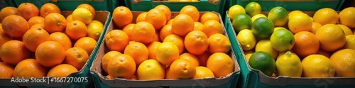 A colorful stack of fresh fruit cartons overflowing with vibrant oranges, lemons, and limes, ready for delivery or display The image emphasizes freshness and abundance , packaging, farm fresh