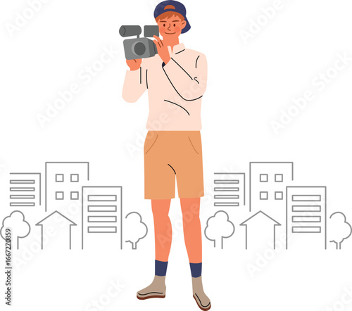 Young man filming with a video camera 