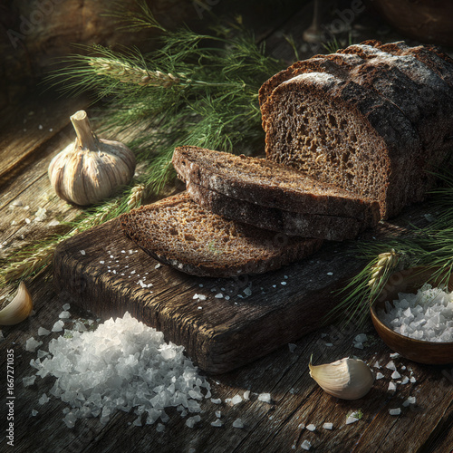 Rustic rye bread with garlic and dill