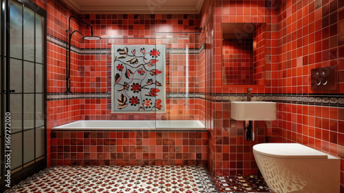 luxury Art Deco bathroom with exotic red marble, geometric tile pattern. Celebrates architectural grandeur and spa-like luxury