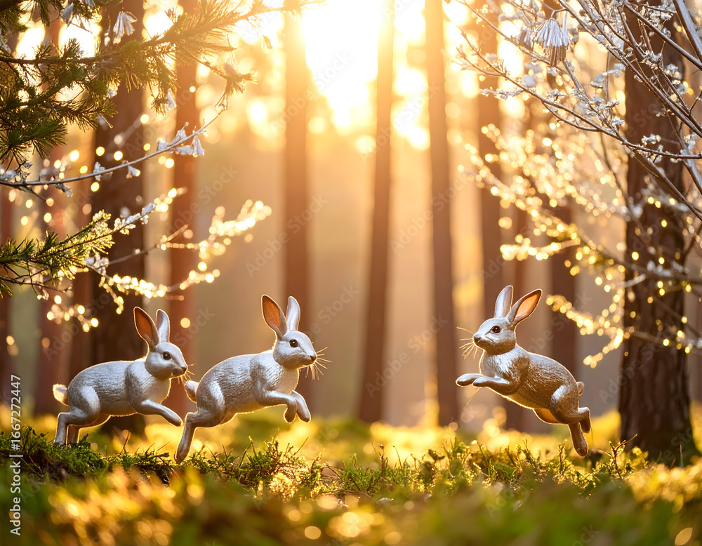 Fototapeta premium Rabbits jump through sunlight forest illustration of spring nature animal