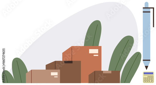 Stacked cardboard boxes surrounded by plants with a pen and calculator nearby. Ideal for logistics, shipping, e-commerce, office organization, financial planning, inventory management