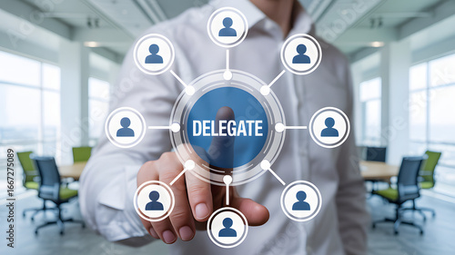 Empowered leader delegates tasks using digital interface for team collaboration success