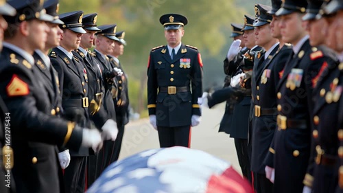 Military honor guard standing at attention during funeral ceremony  