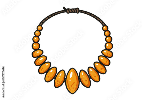 A stylized illustration showcases a Latvian amber necklace, highlighting its heritage and unique design. Bold orange beads adorn a dark cord, creating a striking visual.