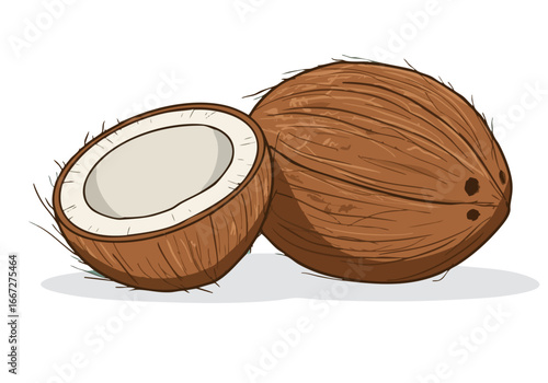 Two halved coconuts showcase their textured shells and white flesh clean illustrative style highlights the natural beauty of this tropical fruit Perfect for eco-friendly or food-related themes