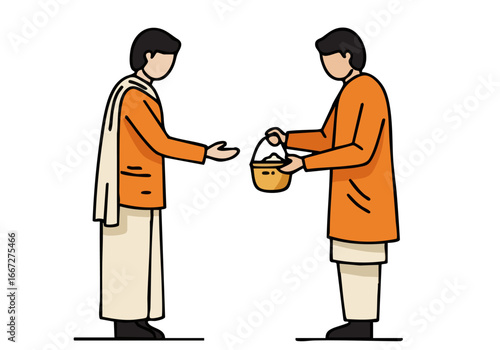 Two figures engage in a kindness faith act, exchanging a basket. A simple, modern illustration with a warm color palette. Suitable for social media and marketing.