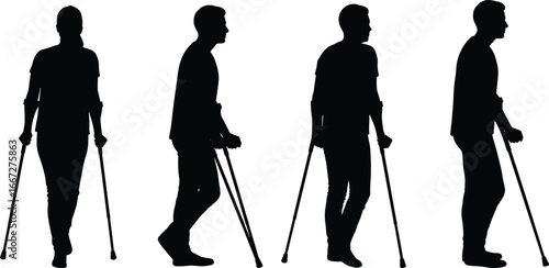 Crutch user silhouette set, mobility aid poses, black vector illustration, rehabilitation gesture clipart, accessibility icon, medical posture breakdown