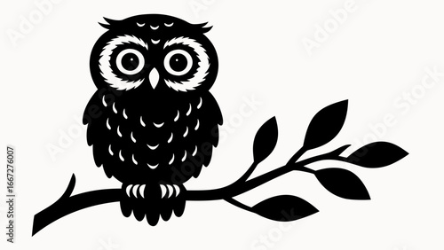 Silhouette of an owl with big eyes perched on a branch with leaves in black and white design art created with generative ai
