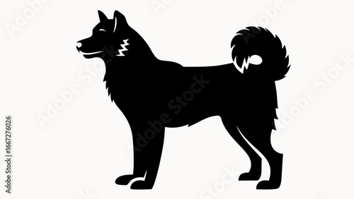 Silhouette of a black akita dog standing with a curled tail and pointy ears on a white background created with generative ai