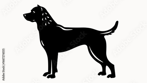 Silhouette of a dog standing with its tail up and white spots on its neck in profile view is shown created with generative ai