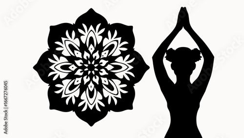 Silhouette of a woman in yoga pose with hands raised next to a complex floral mandala design art created with generative ai