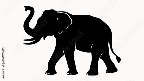 Silhouette of an elephant walking with its trunk raised and tusks visible against a white background created with generative ai
