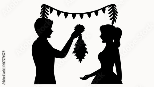 Silhouette of a couple during a wedding ceremony with garland exchange and decorative hanging leaves created with generative ai