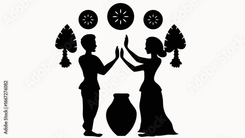 Silhouette of a couple facing each other with a vase and decorative elements in black and white art created with generative ai