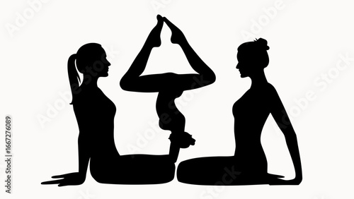 Silhouette of three women performing acroyoga poses in a balanced and coordinated formation on white background created with generative ai