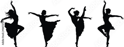 Ballet dancer silhouette set, graceful dance poses, black vector illustration, classical movement clipart, elegant performance icon, stage artistry