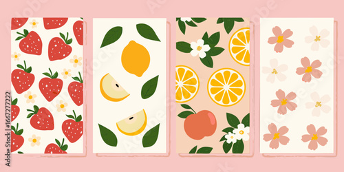 Four Vertical Panels With Strawberries Lemons Oranges And Cherry Blossoms strawberry
