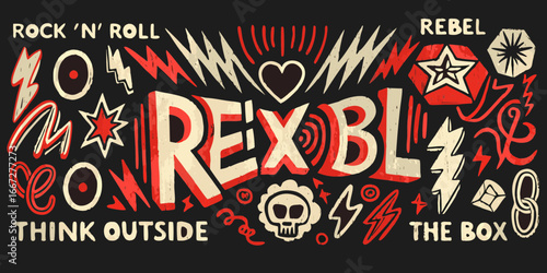 Rebel Music Culture Typography with Skulls and Lightning Bolts lettering