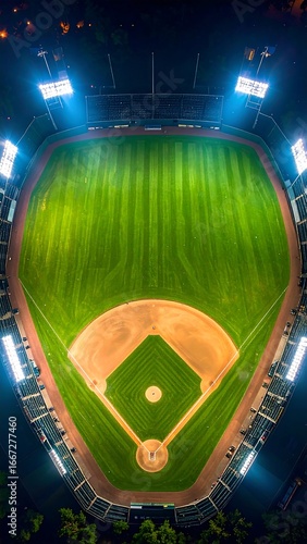 Night baseball field aerial view