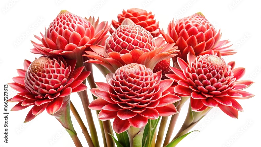 Fototapeta premium Magnificent Torch Ginger Flowers Displayed in a Lush Bouquet on White Background