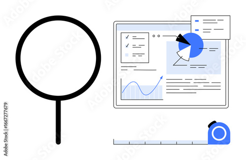 Magnifying glass beside graphs, pie chart, and displayed data analysis on a screen with a measuring tape. Ideal for data accuracy, research, analytics, business strategy, growth tracking, precision