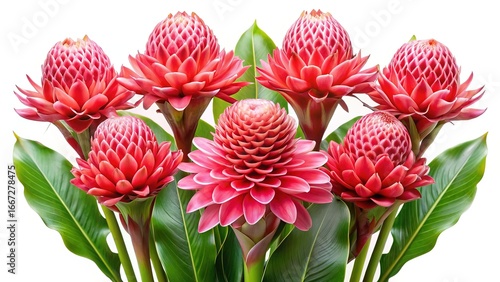 Arrangement of Beautiful Red Torch Ginger Flowers with Lush Green Leaves